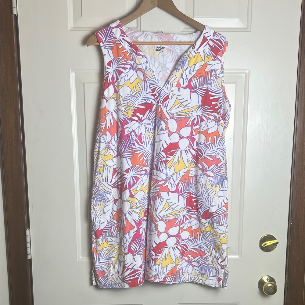 Lands' End Sleeveless V-Neck Mini Dress in White, Red, Orange & Yellow Floral